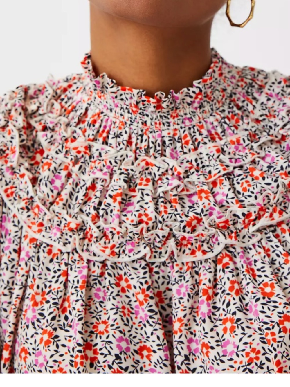 ANN TAYLOR Smocked Neck Floral Blouse in White with Red & Pink Flowers XL